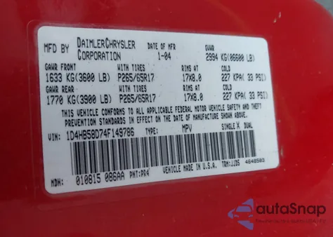 2004 Dodge Durango Limited from USA, damaged, VIN 1D4HB58D74F149786